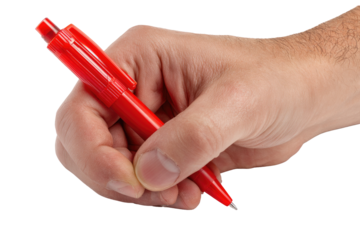 Close-up of a hand holding a red ballpoint pen