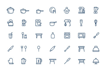 Linear style outline icons set featuring kitchenware, cookware, cooking utensils, household appliances, cutlery, and food symbols. Conceptual infographic and pictogram design and more.
