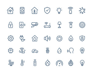 Linear smart home icons set with outline design. Vector pictogram of home automation, climate control, smart system, smart hub, smart light, house technology, modern connected devices and more.