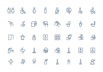 Public toilet outline icon pack. Linear style vector pictograms featuring restroom, disabled access, women’s, men’s, mother and child room, usage rules, hygiene, sanitary facilities and more.