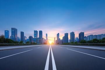 Fototapeta premium Stunning Urban Skyline at Sunset with Empty Road Ahead for Travel