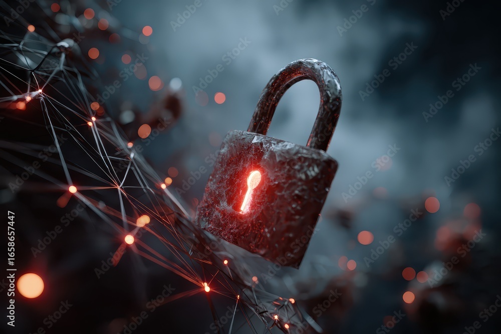 Aufkleber Digital cybersecurity and network protection with a glowing padlock symbolizing secure data interconnected through a network of nodes