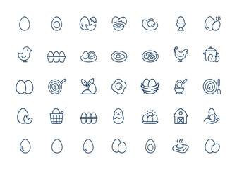 Outline line icons set of eggs and chicken: fresh, boiled, broken, soft-boiled, poached, fried, omelette, rotten, chick, tray, food, breakfast, poultry, cooking, organic, nutrition, farm and more.
