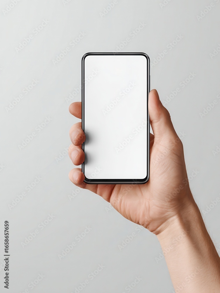 Poster smart device in hand an elegant smartphone is held by a human hand in a minimalistic isolated image 
