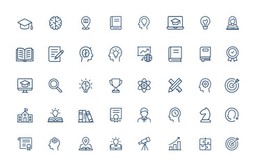 Linear style outline icons series featuring education, cognition, knowledge, studying, books, intelligence development, conceptual pictograms, infographic symbols, learning, academic and more.