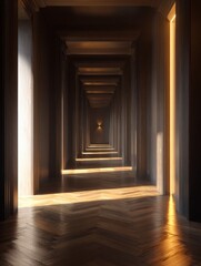 golden light corridor with wood floor