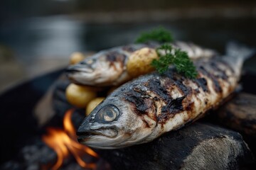Grilled steak and fish ready for outdoor feast