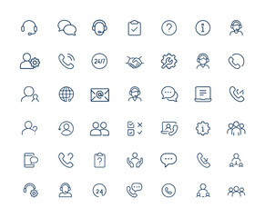 Support and customer service icons set in line style. Vector outline pictogram set featuring online help, assistance, operator, question, info, and communication symbols, modern design and more.