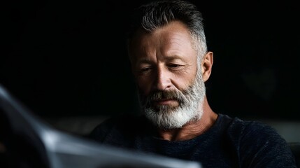 Mature man deeply focused on retirement savings tips in a magazine