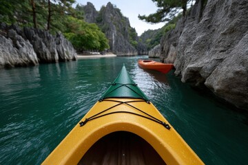 Fototapeta premium Group enjoys kayaking in a beautiful river canyon area