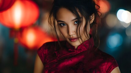 Fototapeta premium Young woman in traditional qipao near festive lanterns