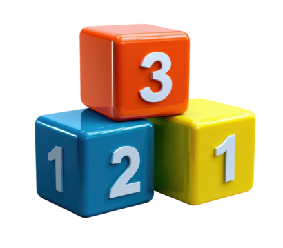 Three colorful, stacked cubes, each displaying a single digit number (1, 2, and 3).  The cubes are bright orange, blue, and yellow, with white numbers.  3 is on top, followed by 2 and 1