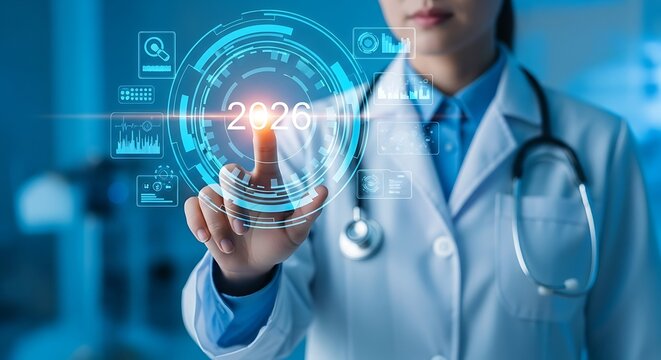 Asian female doctor touches futuristic 2026 interface with data graphs and medical technology