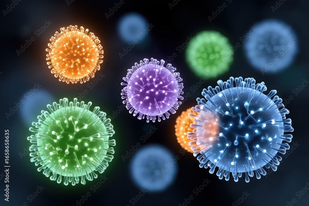 Poster colorful representation of viruses floating in a dark background