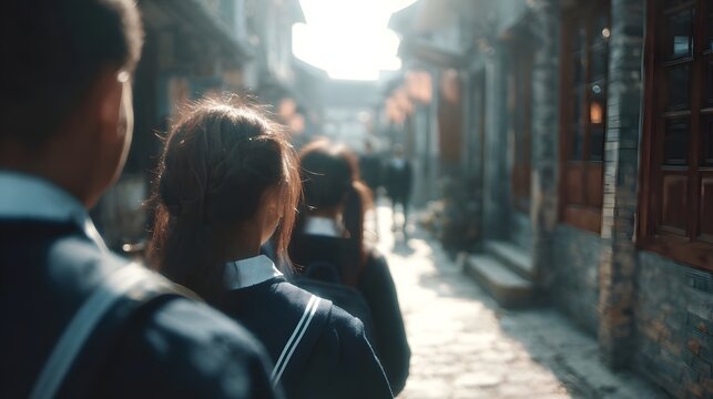 Students in school uniforms exploring an old Chinese town - Powered by Adobe
