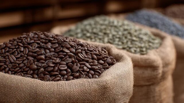 Natural light highlights burlap sacks of diverse coffee beans, showcasing the shiny dark roasts and matte green beans, emphasizing craftsmanship.