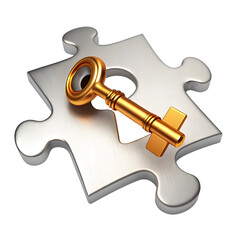 Golden key fits into puzzle piece opening isolated on transparent background
