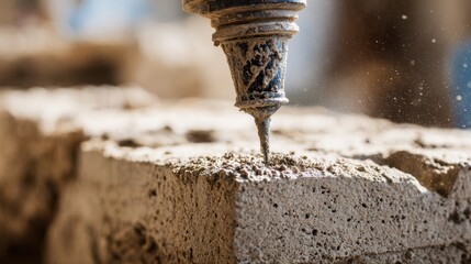 Close medium shot capturing biocement grout filling porous masonry main injection nozzle in sharp focus while the aged structure fades softly behind illustrating innovative