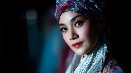 Fototapeta premium Captivating Chinese opera performer in striking costume backstage
