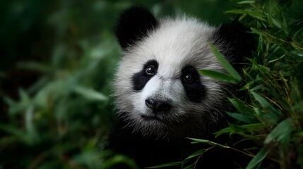 Fototapeta premium Panda hiding in bamboo forest