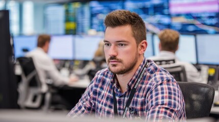 Planner concentrating on a digital disruption log with other control center staff blurred in the background analyzing flight rerouting scenarios.