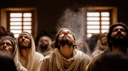 Fototapeta premium The upper room is filled with believers as tongues of flame hover above, symbolizing the Holy Spirit’s arrival, unity, divine empowerment, and the birth of a faithful community.
