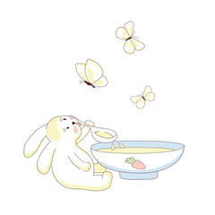 cute bunny eats soup from a plate with a big spoon. I looked at the butterflies. A child's drawing. Vector illustration. Isolated on a white background.