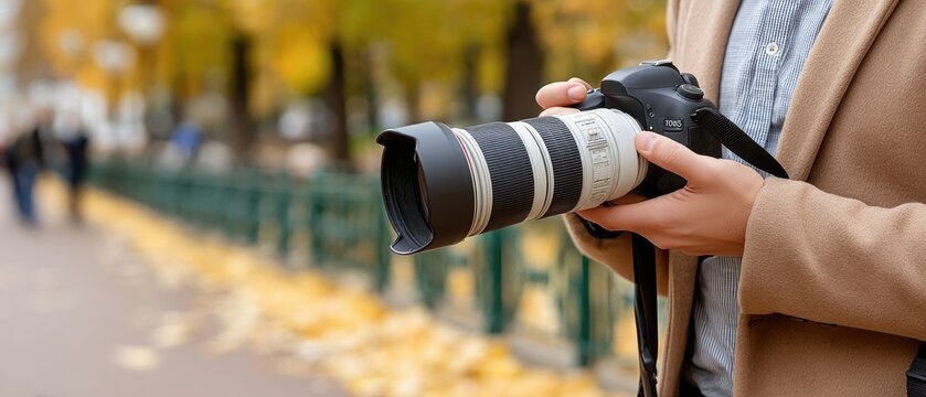 A photographer stands on a pathway lined with fallen leaves, ready to capture the beauty of the autumn surroundings as people stroll nearby
