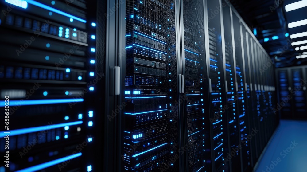 Poster modern data center room with black server racks and bright blue indicator lights, symbolizing cloud 