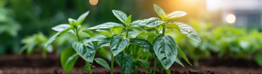 Fresh Green Basil Plants Growing in a Sunlit Garden Bed