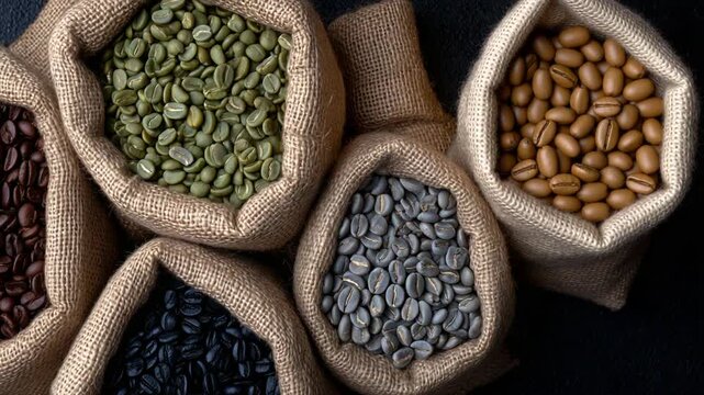 Aerial view of burlap bags in a semicircle showcasing a gradient of beans from raw green to dark roasted, highlighting their rich colors and textures.