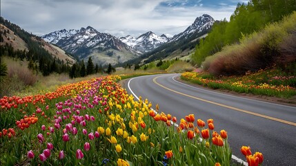 Scenic mountain road lined with vibrant spring tulips under a cloudy sky