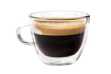 Espresso in clear glass, rich crema, aromatic coffee drink