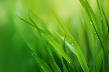 Obraz premium Vibrant green gradient background with abstract blurry fresh grass blades illuminated by natural light