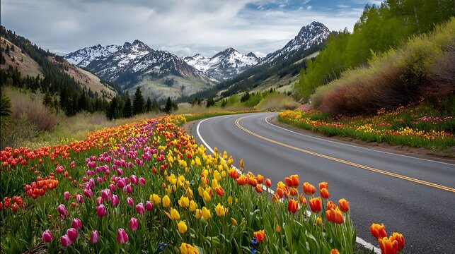 Scenic mountain road lined with vibrant spring tulips under a cloudy sky