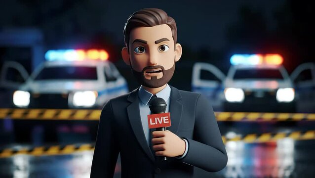 Animated news reporter at crime scene, reporting live with police cars in background showcasing breaking news scenario