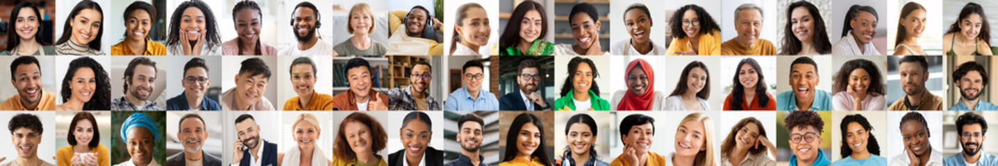 Fototapeta premium A vibrant collage featuring diverse individuals from various backgrounds, each sharing joyful expressions.