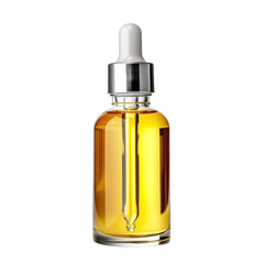 Golden cosmetic oil in glass bottle with dropper, beauty treatment