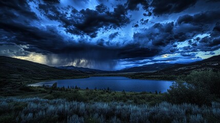 Obraz premium big storm over a beautiful lake, gray moment, storm generative ai