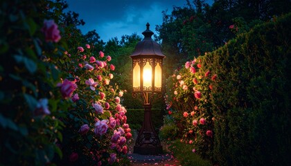 Naklejka premium Enchanted Twilight Glow: An Ornate Lamppost Illuminating a Lush Garden Path with Pink Roses.