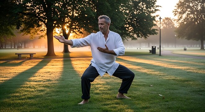 Middle-aged man practicing tai chi in a quiet public park at sunrise - Powered by Adobe