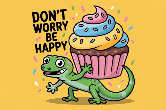 Gecko carrying a giant pastel cupcake