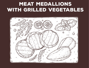 Meat medallions with grilled vegetables sketch. Hand drawn vector illustration. Gastropub, gastrobar, pub food. Detailed design element. Top view.
