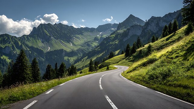 Scenic mountain road winding through lush green landscape under a blue sky