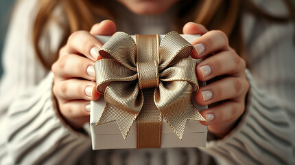 A young girl stands in soft golden light holding a luxurious gift box with a bow in her hands - the atmosphere exudes elegance, sophistication and joy