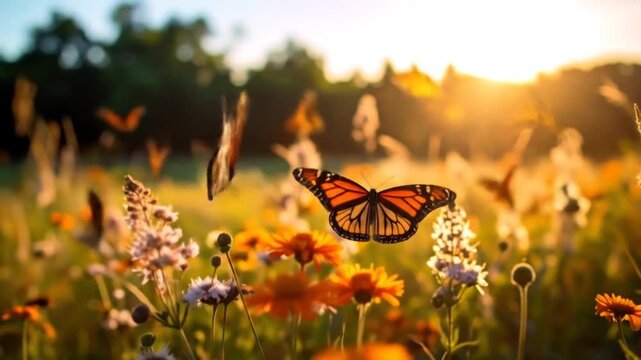 Monarch Butterflies Dance in a Summer Meadow at Sunset