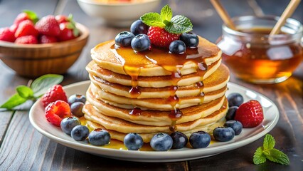 Stack of Delicious Pancakes Topped with Fresh Berries and Maple Syrup on a Rustic Wooden Table