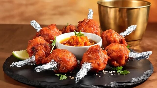 chicken lollipop indian food on black stone background video