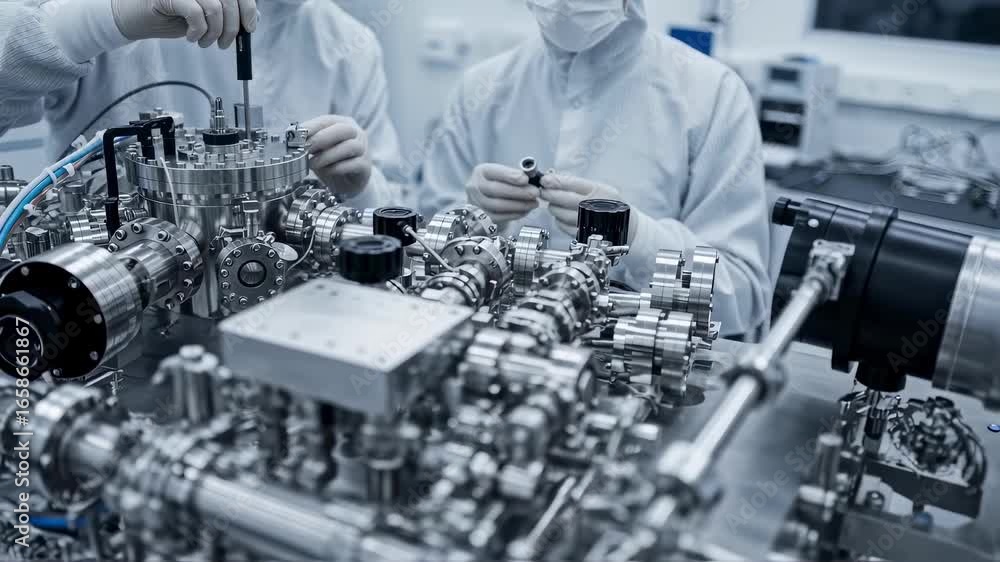 Poster technicians wearing gloves finetuning the modular parts of an optical lattice clock vacuum environme
