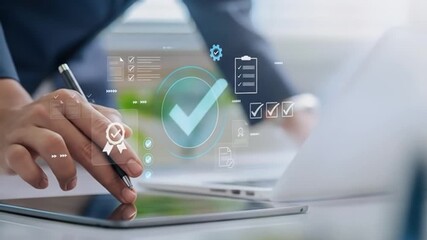 Person using tablet with holographic checkmarks and documents - Powered by Adobe